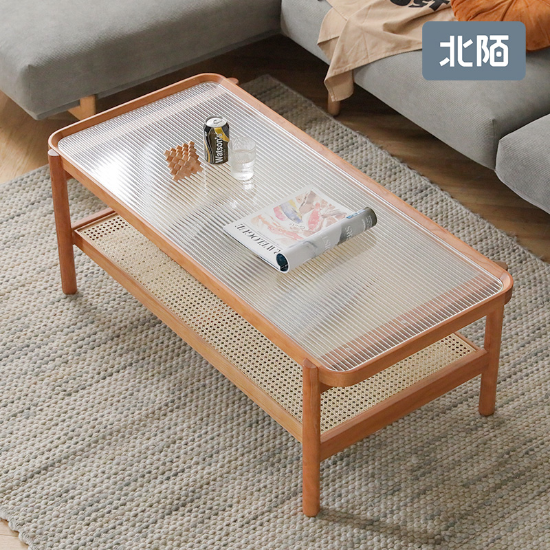北陌家具茶几实木藤编樱桃木白橡客厅家用小户型北欧玻璃长方形桌