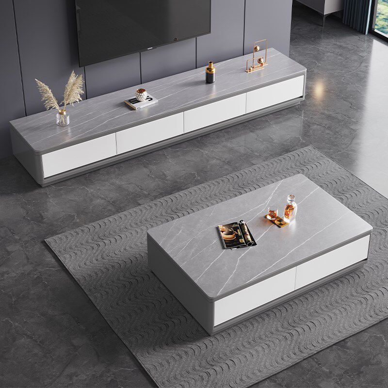 意式轻奢岩板电视柜茶几组合现代简约可伸缩家用小户型客厅落地柜