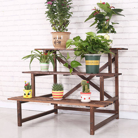 花店花盆架阳台防腐户外置物架炭化实木多层阶梯绿萝多肉落地花架