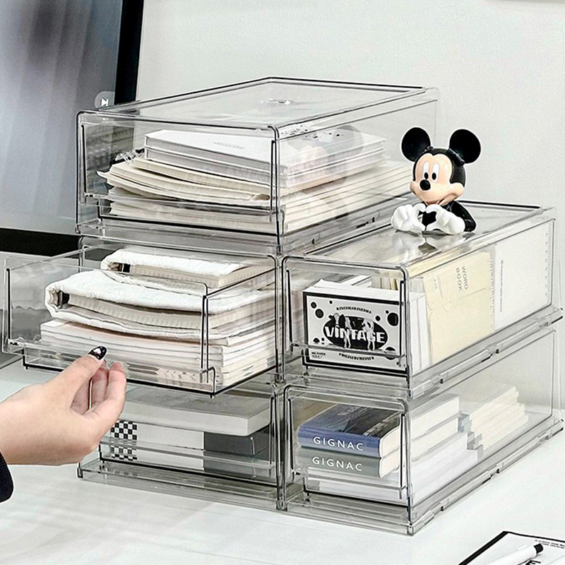 桌面书本收纳箱学生宿舍家用抽屉式大容量透明塑料杂物整理储物盒