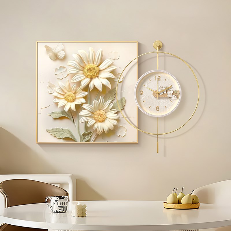奶油风立体浮雕花卉餐厅挂钟装饰画E钟表挂墙画客厅时钟肌理感壁图片