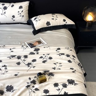 赫本风印花夏凉被四件套夏季 法式 高端轻奢薄被子天丝W绸裸睡空调