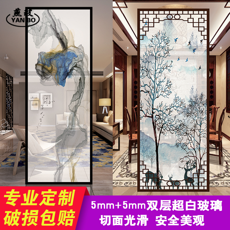 艺术玻璃隔断电视背景墙客厅屏风隔断夹丝雕花背景墙定制钢化夹胶