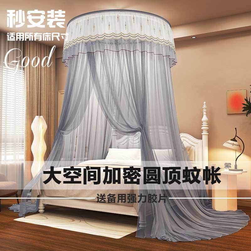 新款吊顶蚊帐家用卧室落地式免打孔吊挂加密加厚单双人公主风纹帐