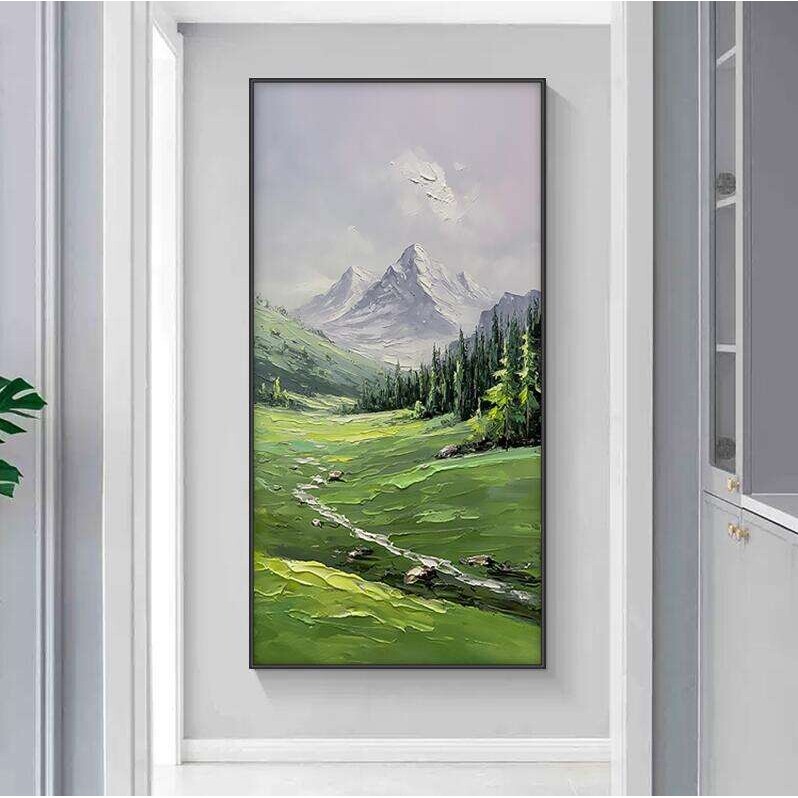 纯手绘油画背有靠山玄关装饰画山水风景入户玄幻挂画现代壁画绿色