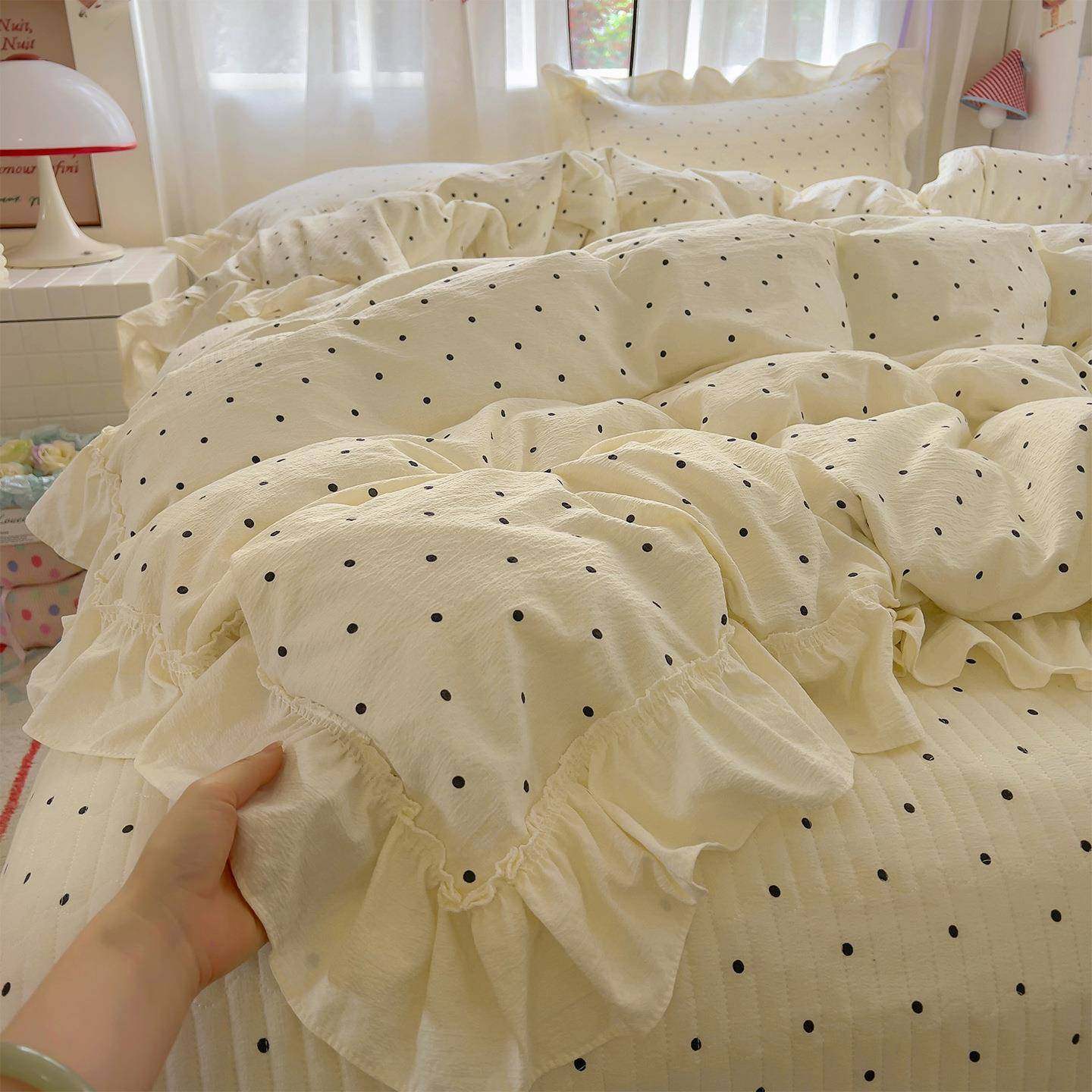 我很软~A类母婴级针织双层纱床盖四件套花边款夹棉绗缝床单三件套