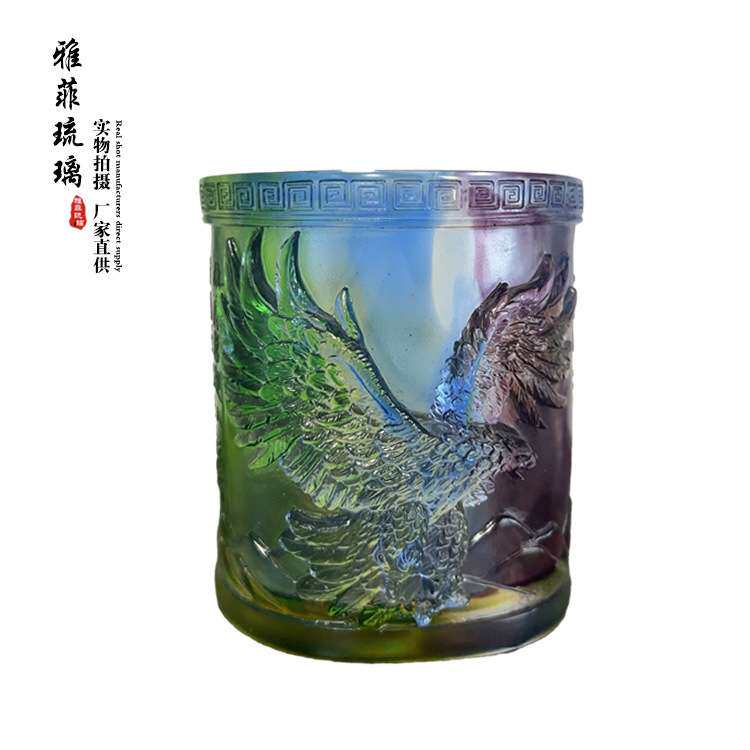 古法琉璃古典笔筒大展鸿图雄鹰厂家 办公书房学习笔筒琉璃摆件