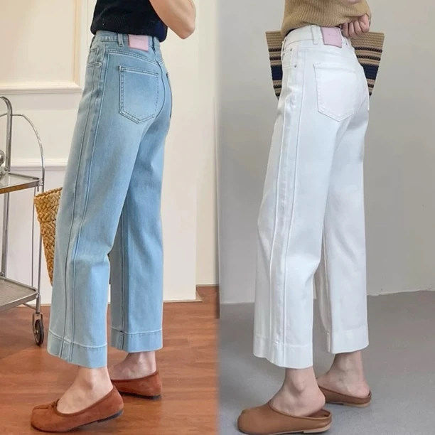白色直筒牛仔裤女夏季薄款大尺码胖mm梨型身材高腰显瘦阔腿九分裤