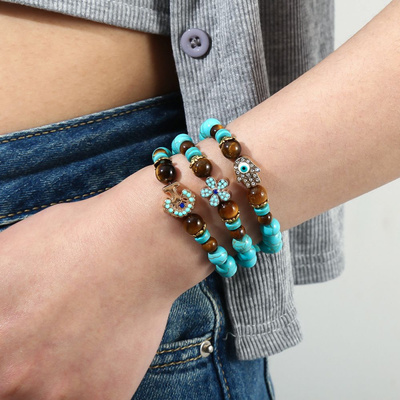 欧美复古绿松石虎眼石手串套装