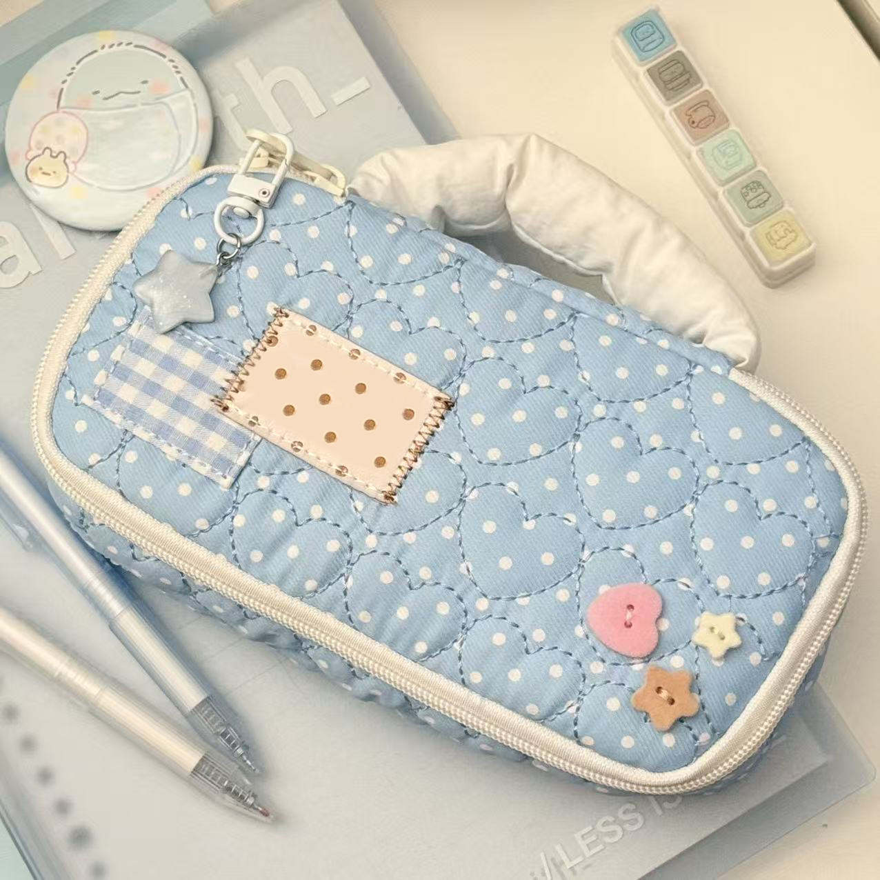 海盐碎冰波点爱心手提笔袋学生盐系ins风高颜值大容量文具收纳袋