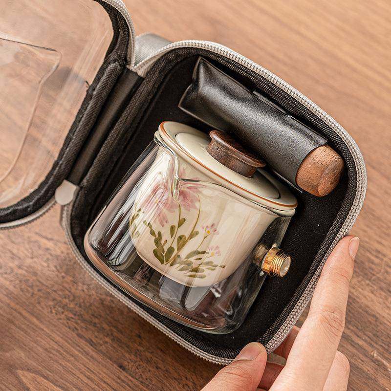 小雏菊手绘旅行茶具便携式陶瓷一壶两杯小套装中式玻璃茶具侧把壶