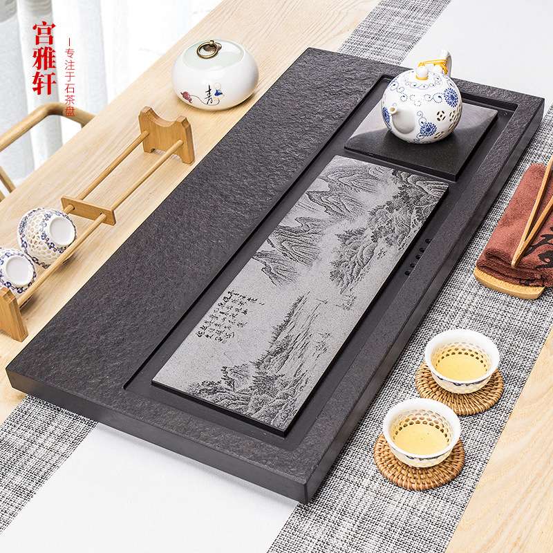 天然乌金石茶盘中国风山水画石茶盘办公居家实用大号茶盘