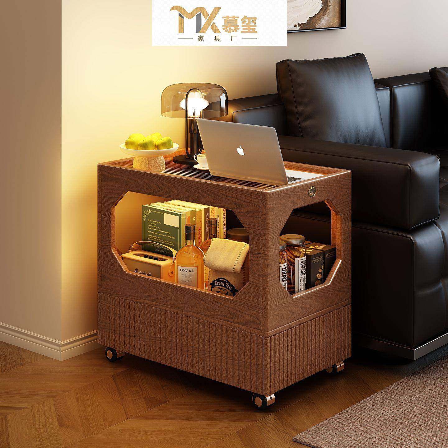 简约储物柜带轮卧室移动实木床头柜小户型家用客厅多功能沙发边几