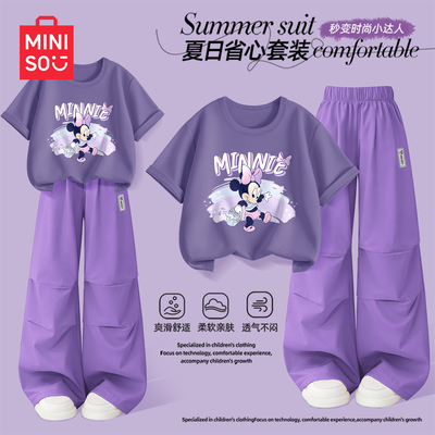 迪士尼女童夏装套装小女孩洋气穿搭女大童纯棉短袖t恤儿童工装裤C