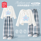 春秋款 2026新款 时髦花边女孩长袖 名创优品女童套装 t恤儿童阔腿裤