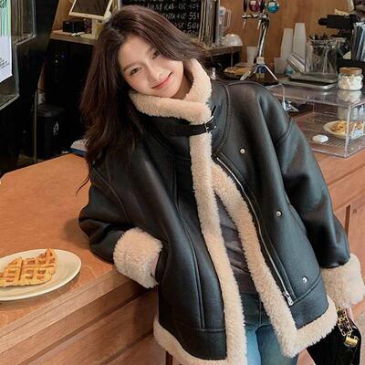 2025冬季新款皮草羊羔毛大衣羊羔毛皮毛一体外套女装中长款机车风