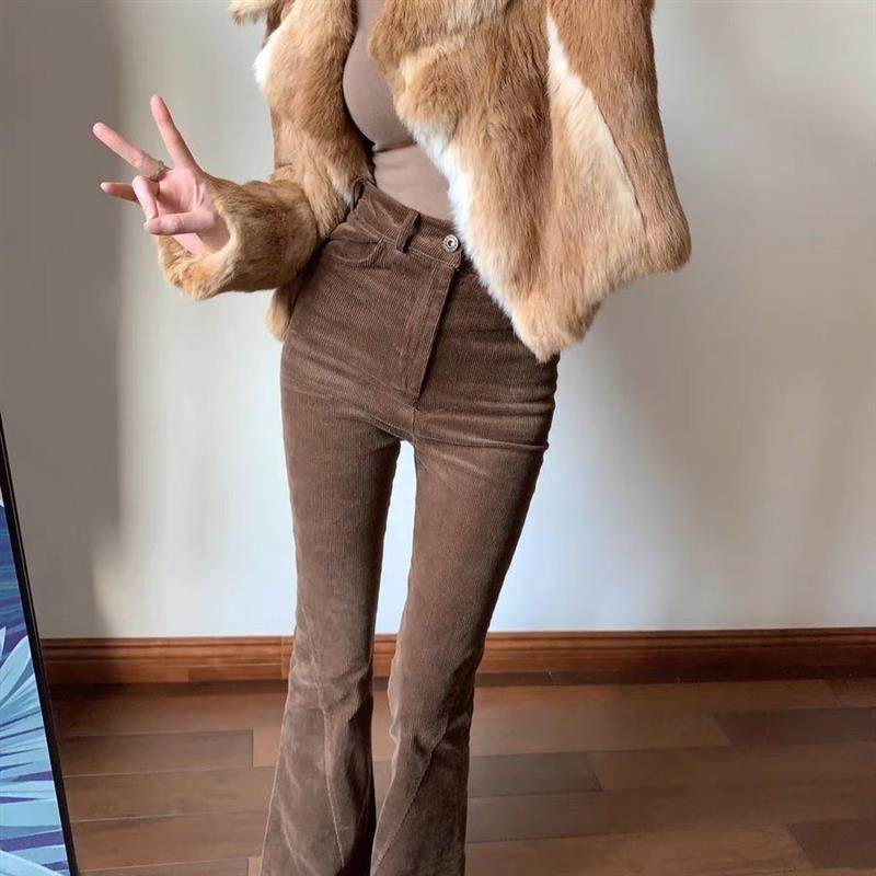 灯芯绒阔腿裤女显瘦微秋冬咖啡色修身弹力真心超喇叭裤好看复古