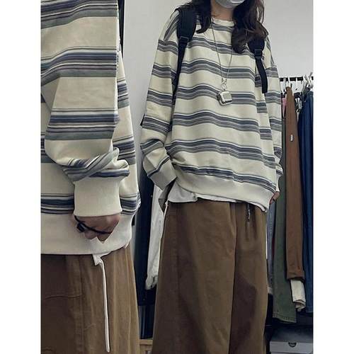 条纹圆领薄款卫衣女2025秋冬撞色日系复古宽松长袖无帽学生上衣潮