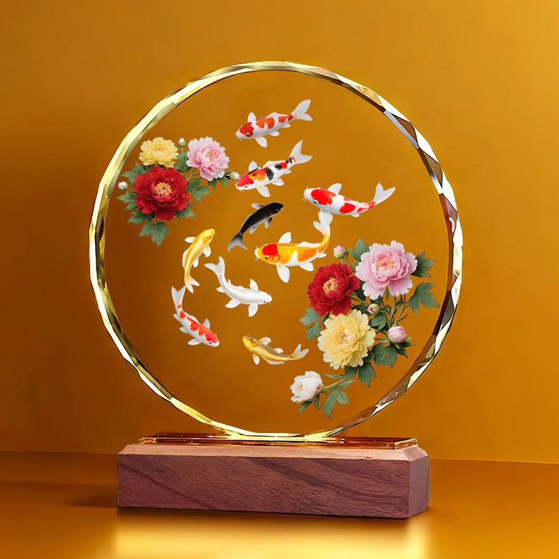 招财九鱼图中式水晶摆件s玄关客厅桌面装饰品牡丹花开富贵有余摆