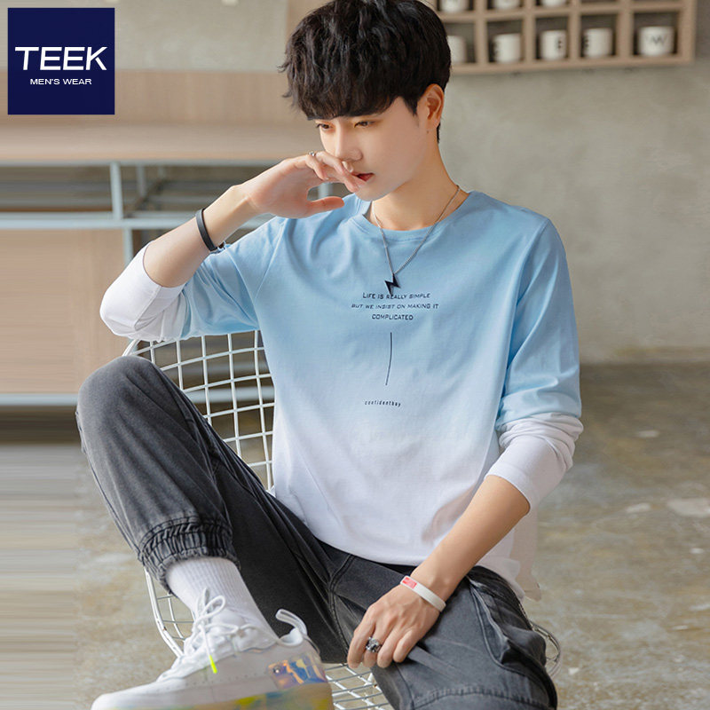 渐变色长袖t恤男士青少年2022春G秋季新款秋装薄款丅外穿秋衣