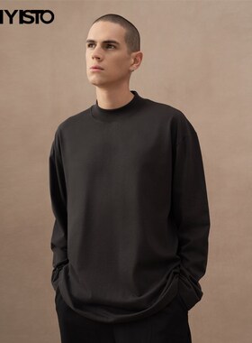 310g半高领重磅白色廓t形宽松打底衫内搭长袖T恤男收口微落肩