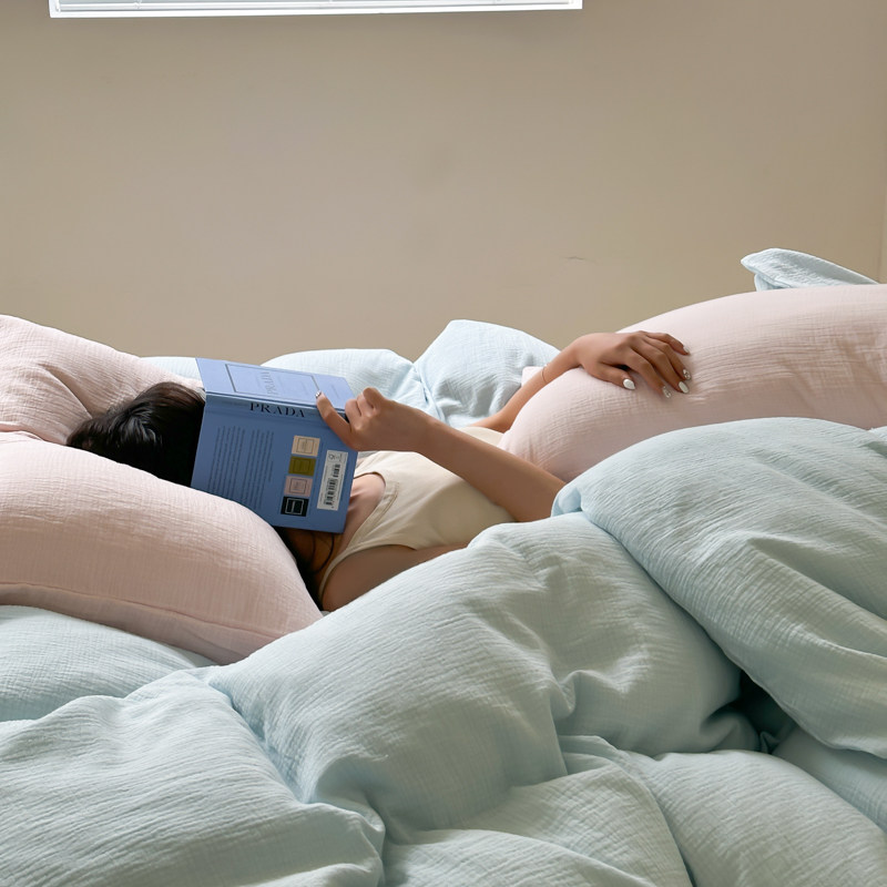 清新软糯透气双层k纱被套100全棉纱蓬松亲肤四件套水洗棉床单