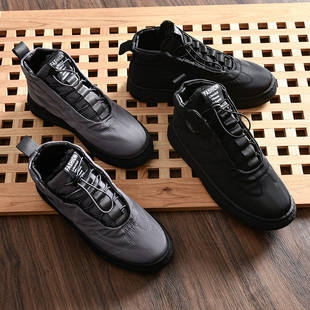 面包鞋厚底冬季j保暖加绒男款黑色羽绒一脚蹬帆布棉鞋男半高帮鞋