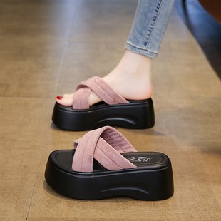 小个子增高7厘米凉拖鞋 女夏外穿202E5新款 松糕厚底一字拖沙滩凉鞋