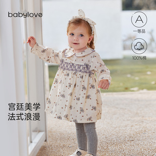 babylove女宝宝连衣裙春秋款纯棉裙子外出服幼儿复古文艺公主裙
