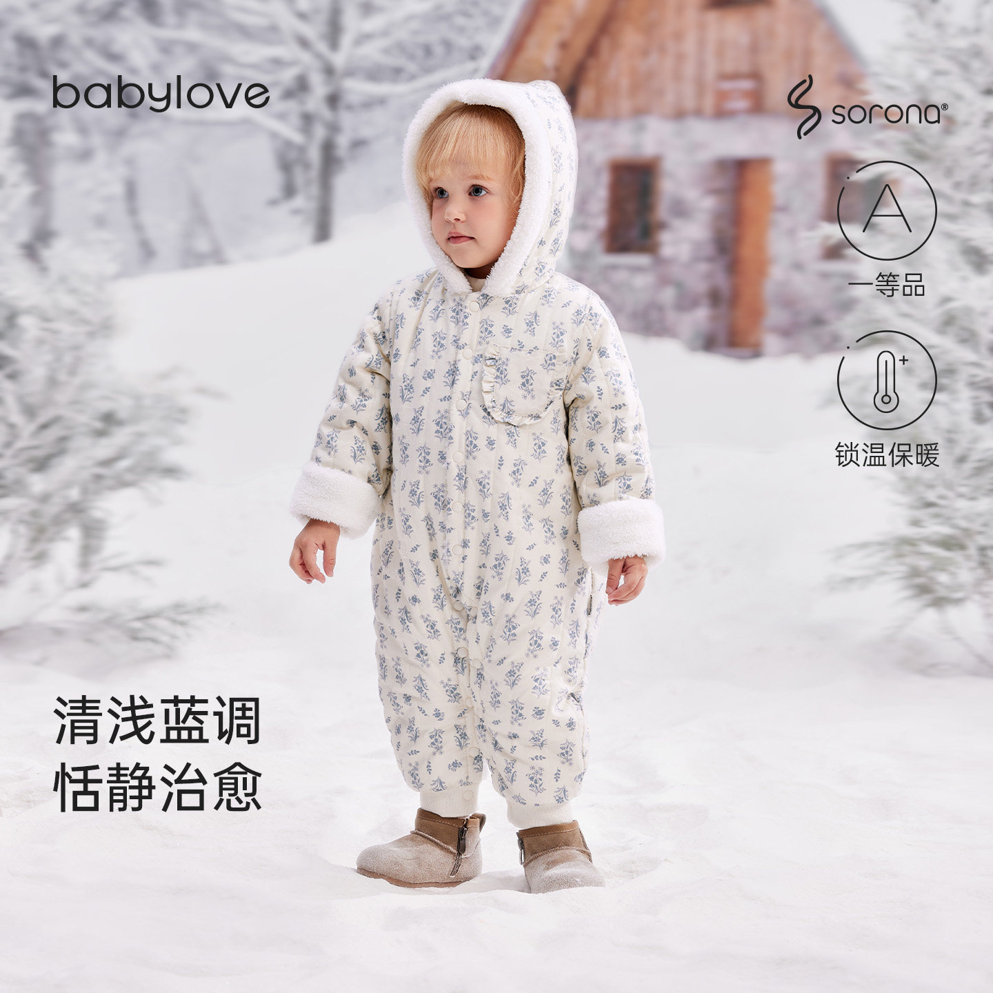 【清仓】babylove宝宝夹棉连体衣冬季连帽哈衣婴儿法式碎花外出服图片
