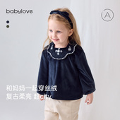 清仓 babylove女宝宝丝绒上衣秋冬刺绣外出服花边领洋气娃娃衫