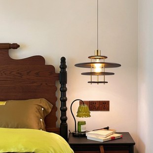 中古风飞碟吊灯胡桃木纹复古实木餐桌灯侘寂风民宿吧台灯