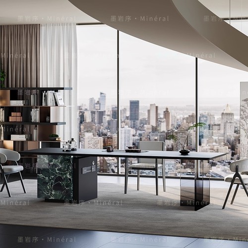 意式极简普拉达绿岩板茶桌椅组合现代简约设计师茶台茶桌椅套装