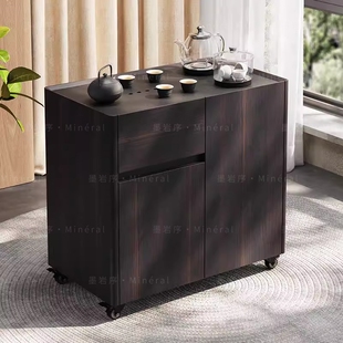 意式复古风阳台小茶台烧水壶一体客厅泡茶桌黑胡桃木可移动茶水柜