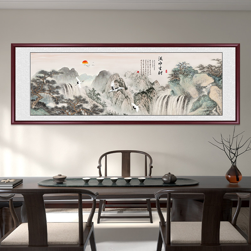 新流水生财办公室山水挂画客厅沙发背景墙装饰画国画风景壁画,家居饰品,国画,淘宝优惠券,粉丝福利购,淘宝优惠卷