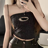 2025夏一字肩抹胸镂空无袖 背心女外穿别致纯欲辣妹性感短款 小上衣