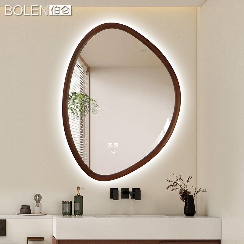 OLN侘寂风实木边框斗柜镜子中古风智能浴室镜LD带灯玄关装饰镜,家装主材,浴室镜,淘宝优惠券,粉丝福利购,淘宝优惠卷