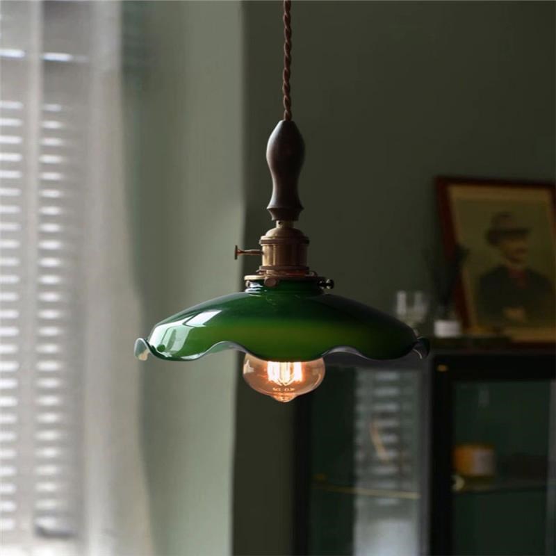 老上海复古绿玻璃胡桃木吊灯中古咖啡厅茶室吧台餐厅轨道床头吊灯