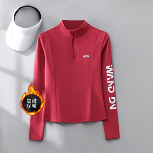 加绒运动上衣女冬季跑步健身服长袖训练速干衣红色新年时尚瑜伽服
