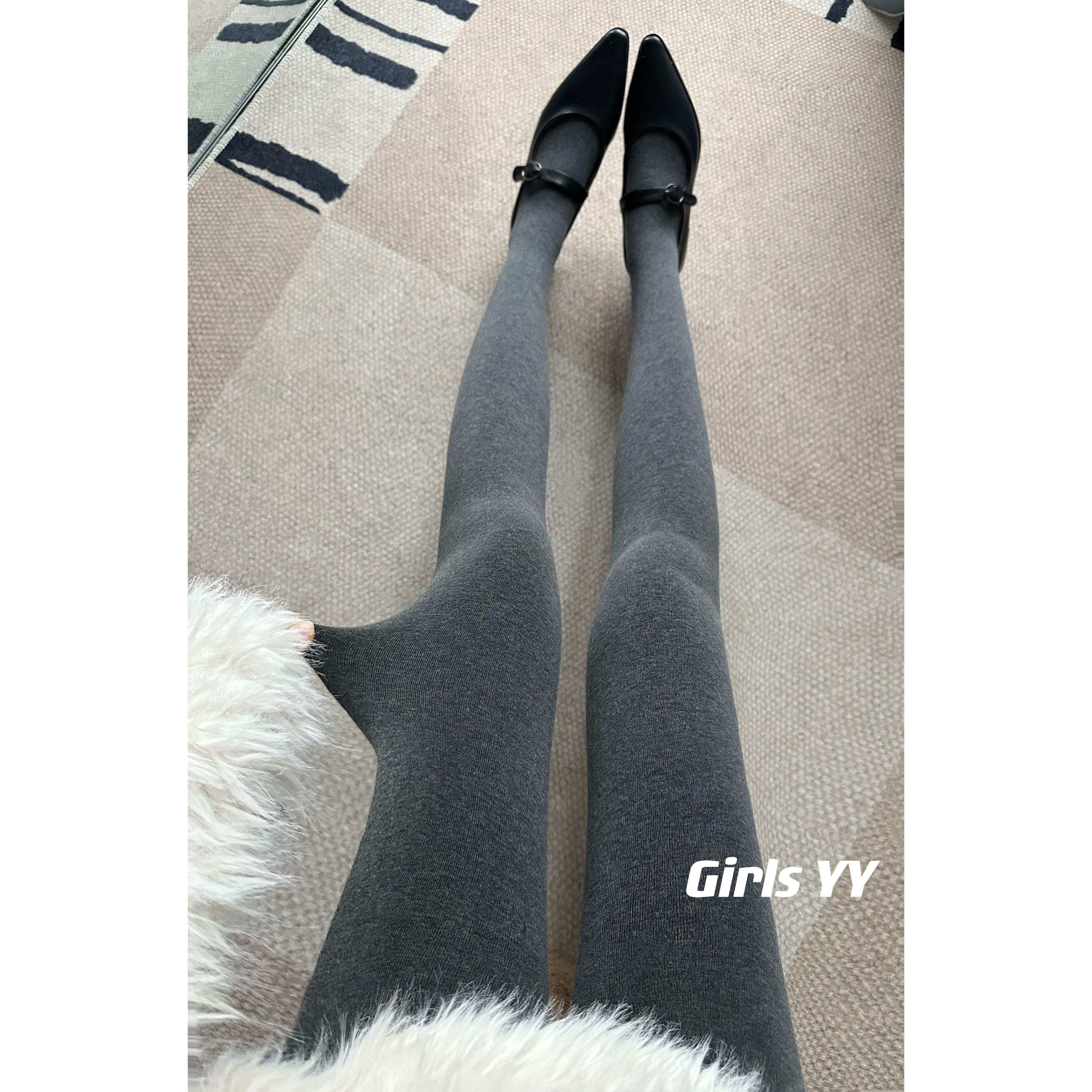 GirlsYY灰色平纹加厚绒连裤袜高腰打底裤美腿塑型外穿袜黑色保暖