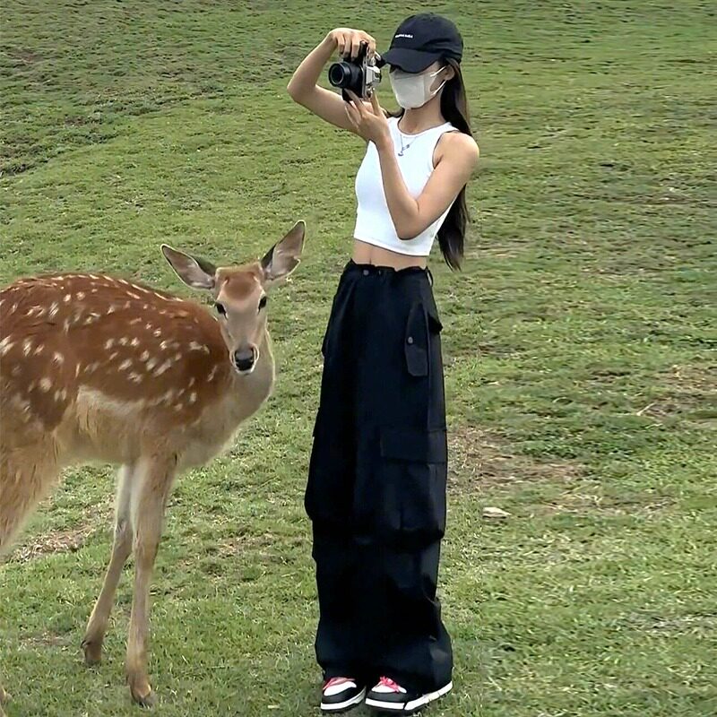 黑色户外登山工装裤女春秋夏季高腰阔腿小个子休闲美式速干运动裤