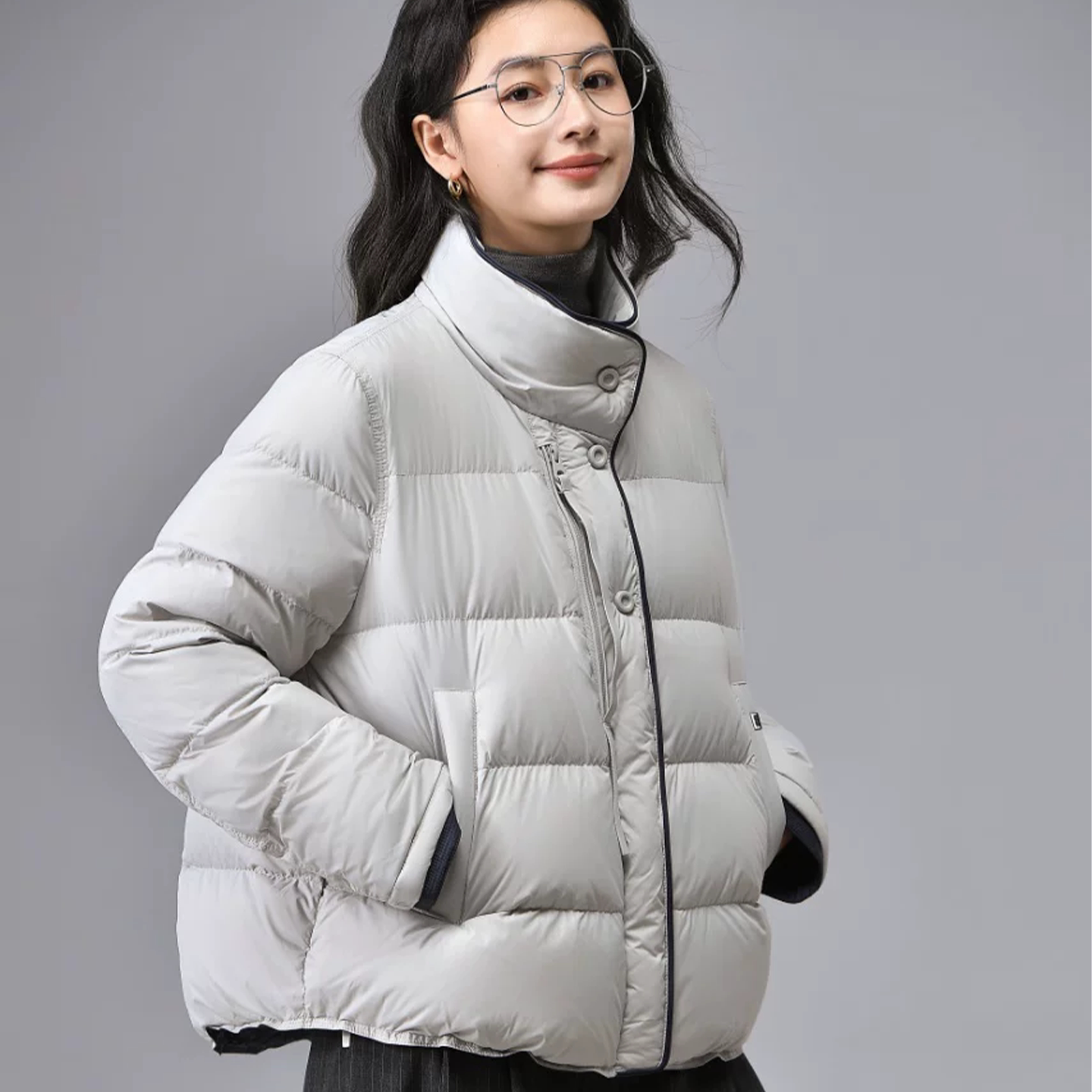 高级极简风撞色立领羽绒服女2026秋冬新款小众设计感保暖短款外套