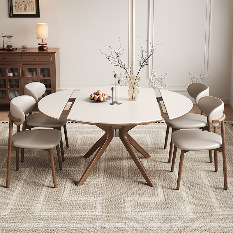 实木岩板餐桌旋转伸缩折叠中古风现代餐桌方变圆两用桌子饭桌