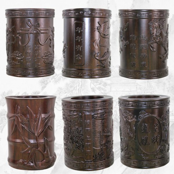 黑梓木木质毛笔笔筒 木雕八骏图梅花礼品文房摆件归纳毛笔用