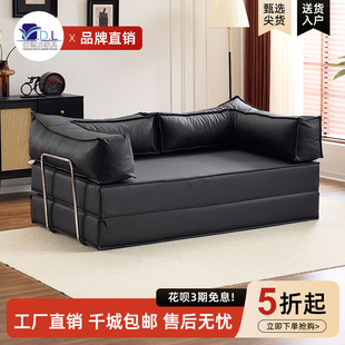 中古风可折叠沙发床单双人客厅直排沙发经济型模块榻榻米皮艺沙发