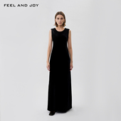 FEELANDJOY丝绒露背连衣裙女无袖 修身 性感优雅礼服裙高级感长裙