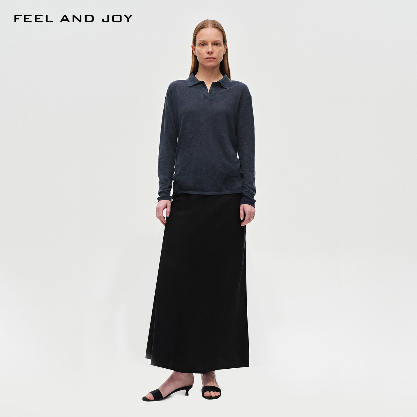 FEEL AND JOY春2026新款100%亚麻纱线针织衫女透气舒适翻领上衣