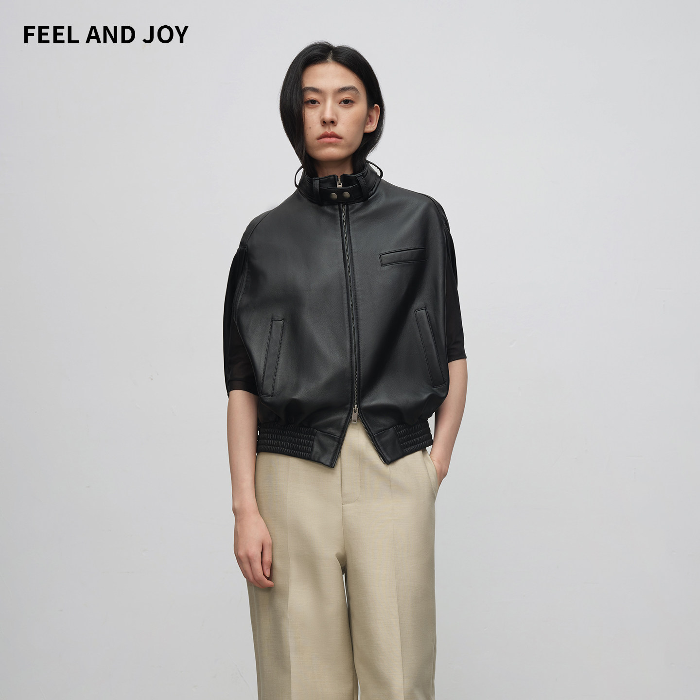 FEEL AND JOY秋2026新款羊皮无袖马甲立领设计立体茧型真皮衣外套
