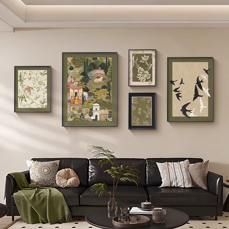 斋浦尔花园客厅装饰画中古风沙发背景墙挂画法式复古艺术组合壁画图片