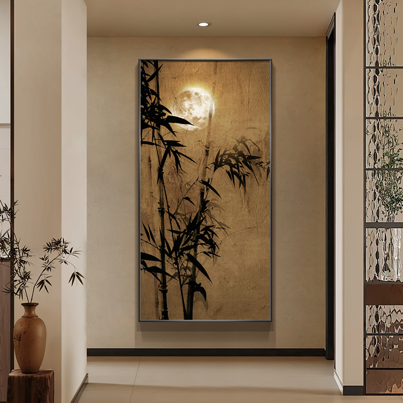 中国风中古玄关装饰画高级感复古走廊过道竹子挂画入户正对门壁画图片
